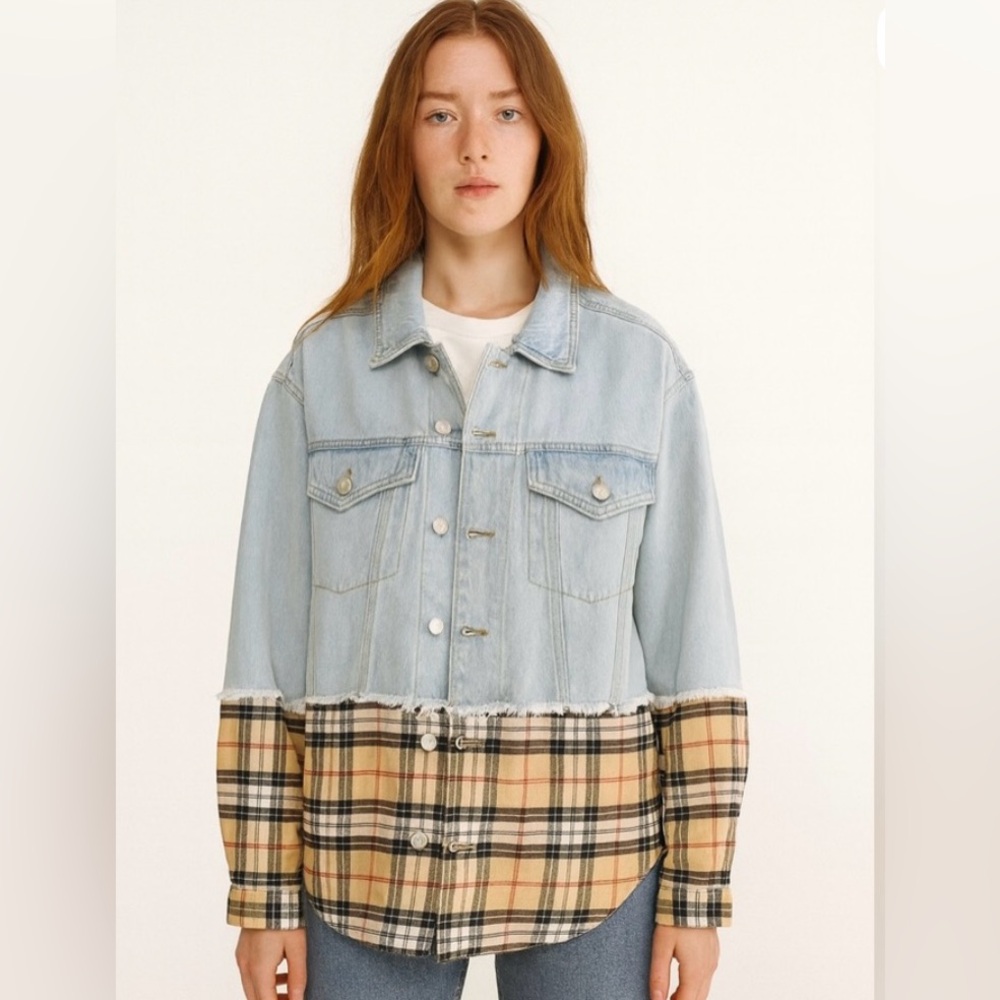 NWT Highway Jeans Light Blue and Plaid Jean Jacket